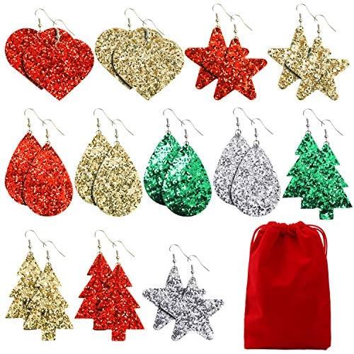 URATOT 12 Pairs Christmas Glitter Faux Leather Earrings for Women Girls Christmas Tree Star Drop Earrings Teardrop Long Dangle Earrings with Red Velvet Storage Bag for Xmas Jewelry Accessory