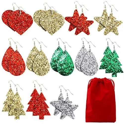 URATOT 12 Pairs Christmas Glitter Faux Leather Earrings for Women Girls Christmas Tree Star Drop Earrings Teardrop Long Dangle Earrings with Red Velvet Storage Bag for Xmas Jewelry Accessory