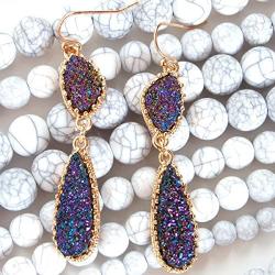 Humble Chic Simulated Druzy Drop Dangles - Boho Glitter Long Double Teardrop Dangly Earrings for Women - Bohemian Created Geode Stone Sparkly Pendants