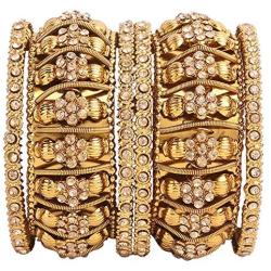 Efulgenz Boho Vintage Antique Gypsy Tribal Indian Oxidized Gold Plated Pearl Crystal Bracelets Bangle Set (6 Pc)