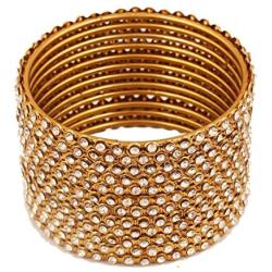 Touchstone ''Golden Bangle Collection Indian Bollywood Stunning Clear Rhinestone Embellished Thin Charming Look Designer Jewelry Bangle Bracelets Set of 12 for Women in Antique Gold Tone.