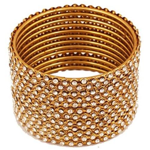 Touchstone ''Golden Bangle Collection Indian Bollywood Stunning Clear Rhinestone Embellished Thin Charming Look Designer Jewelry Bangle Bracelets Set of 12 for Women in Antique Gold Tone.