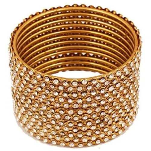 Touchstone ''Golden Bangle Collection Indian Bollywood Stunning Clear Rhinestone Embellished Thin Charming Look Designer Jewelry Bangle Bracelets Set of 12 for Women in Antique Gold Tone. Touchstone ''Golden Bangle Collection Indian Bollywood Stunning Clear Rhinestone Embellished Thin Charming Look Designer Jewelry Bangle Bracelets Set of 12 for Women in Antique Gold Tone.