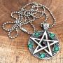 Wicca Jewelry Celtic Pentagram Pentacle Star Black-Green Crystal Gem Wiccan Pagan Witch Magic Healing Protection Amulet Pewter Mens Womens Pendant Necklace Charm for Men Women Silver Ball Chain