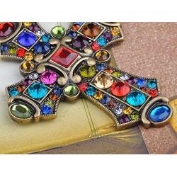 Alilang Ornate Antique Golden Tone Colorful Rhinestone Cross Pendant Necklace