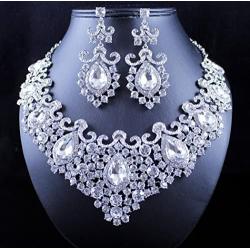 STUNNING CLEAR AUSTRIAN RHINESTONE CRYSTAL NECKLACE EARRINGS SET N12187 SILVER