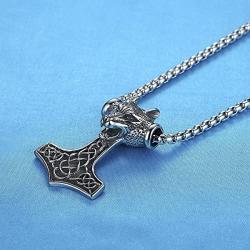 LineAve Mens Stainless Steel Large Wolf Viking Thors Hammer Pendant Necklace, 23''+2'' Ext, 8c0015
